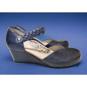 Aetrex Mia Navy Leather Mary Jane Wedge Comfort Shoes Womens 8.5 Adjustable